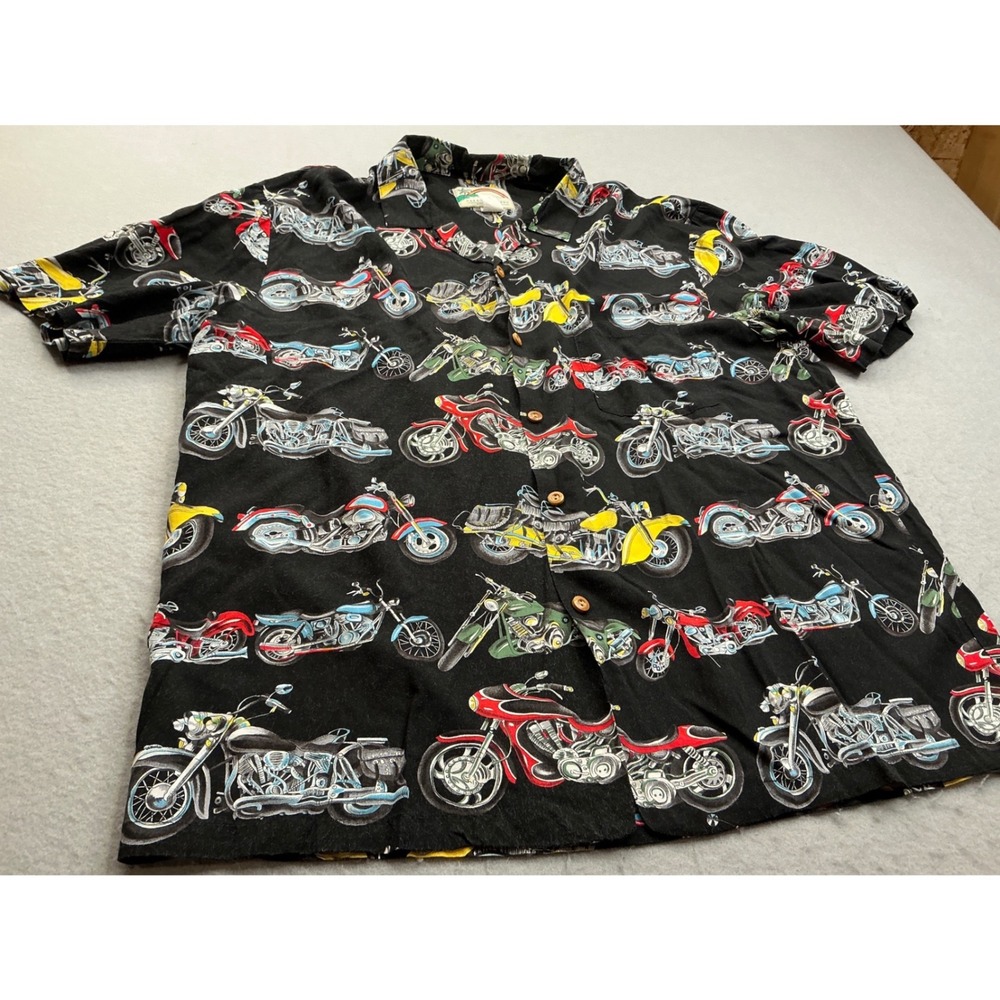 Paradise Found Vintage Hawaiian Shirt Motorcycle Print Black Rayon Large Aloha